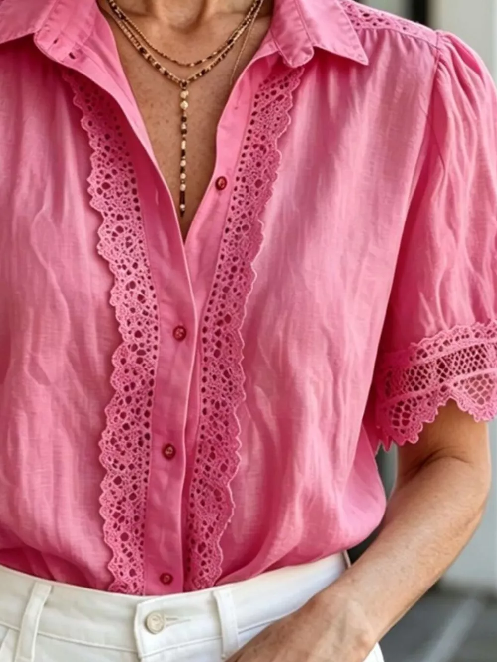 Lace-Trimmed Short Sleeve Button-Down Shirt, image 6