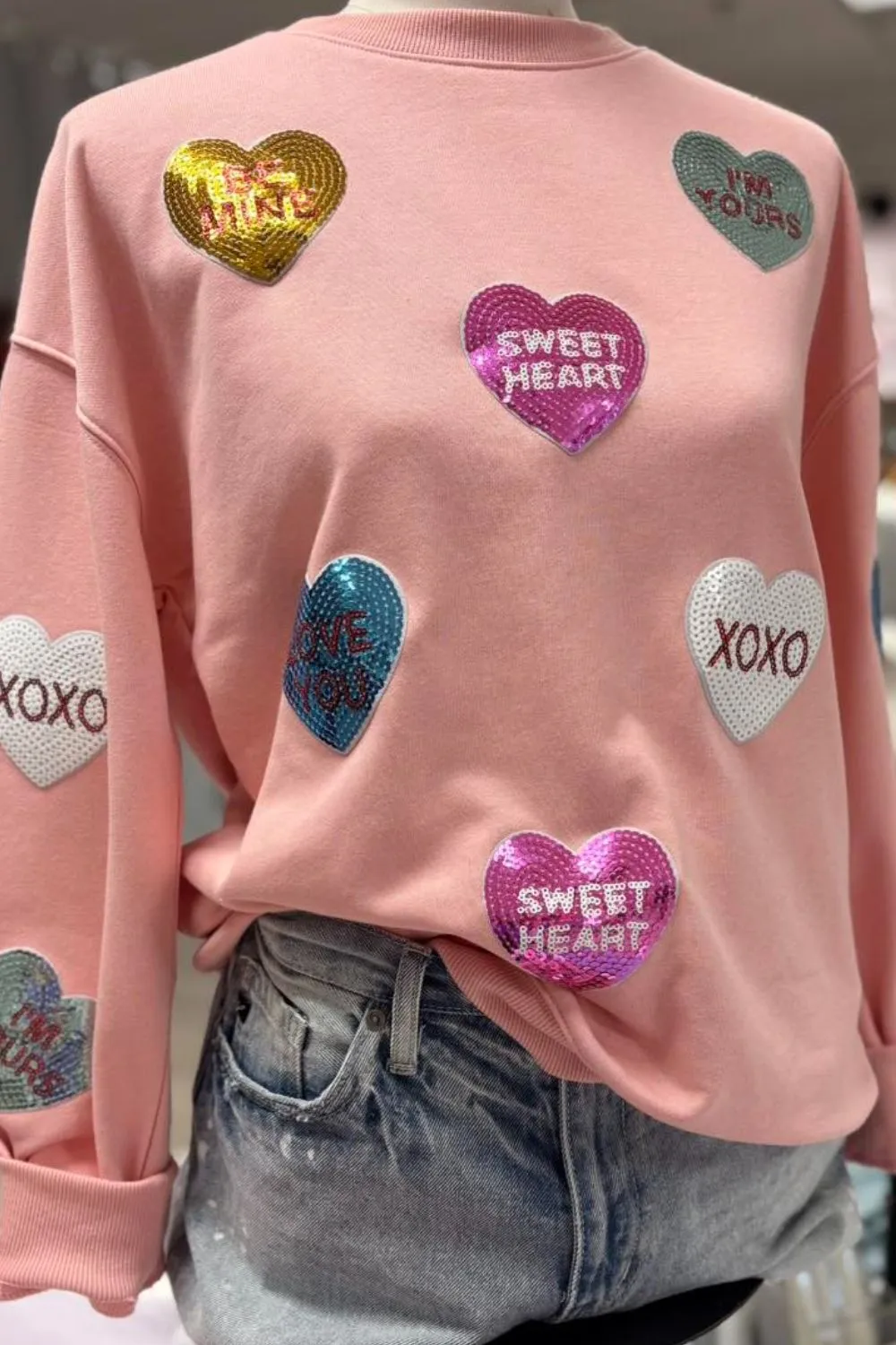 Valentine’s Day Sequin Heart Round Neck Long Sleeve Sweatshirt, image 3