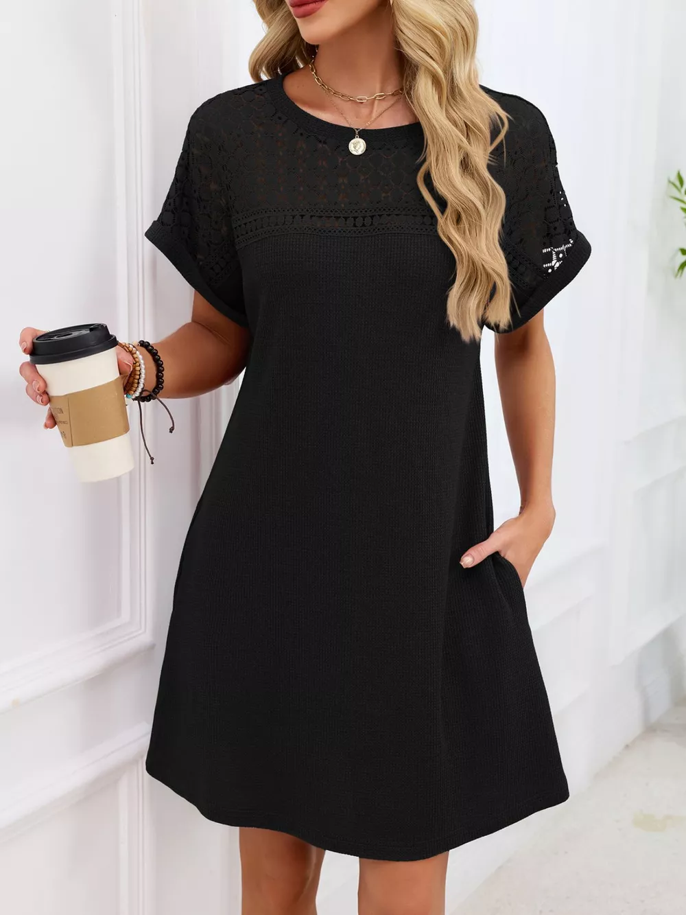 Lace Round Neck Short Sleeve T-Shirt Dress, image 25