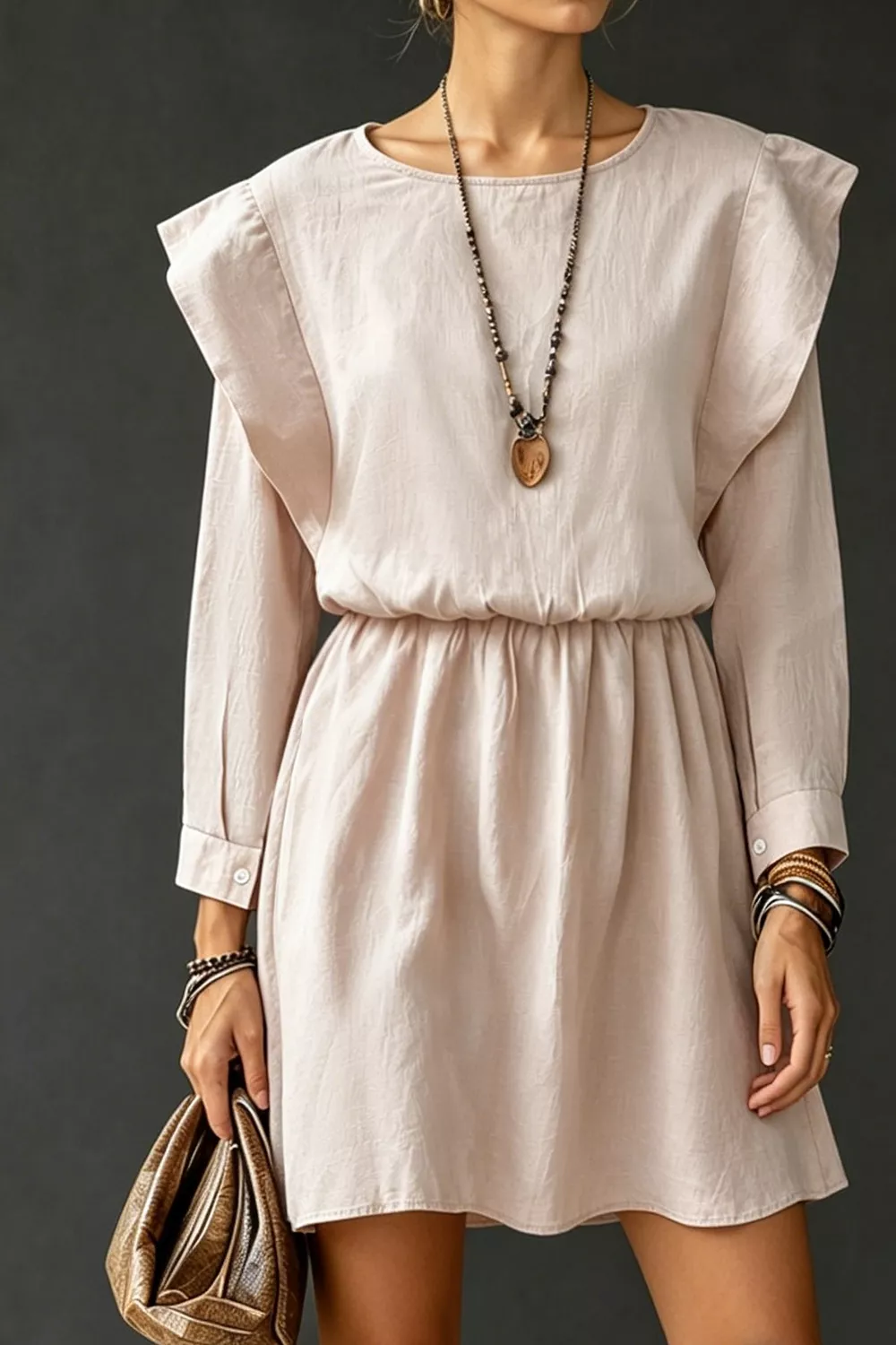 Ruffled Round Neck Long Sleeve Dress, image 5