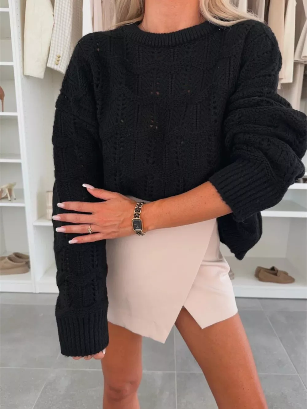 Openwork Round Neck Sweater, image 10