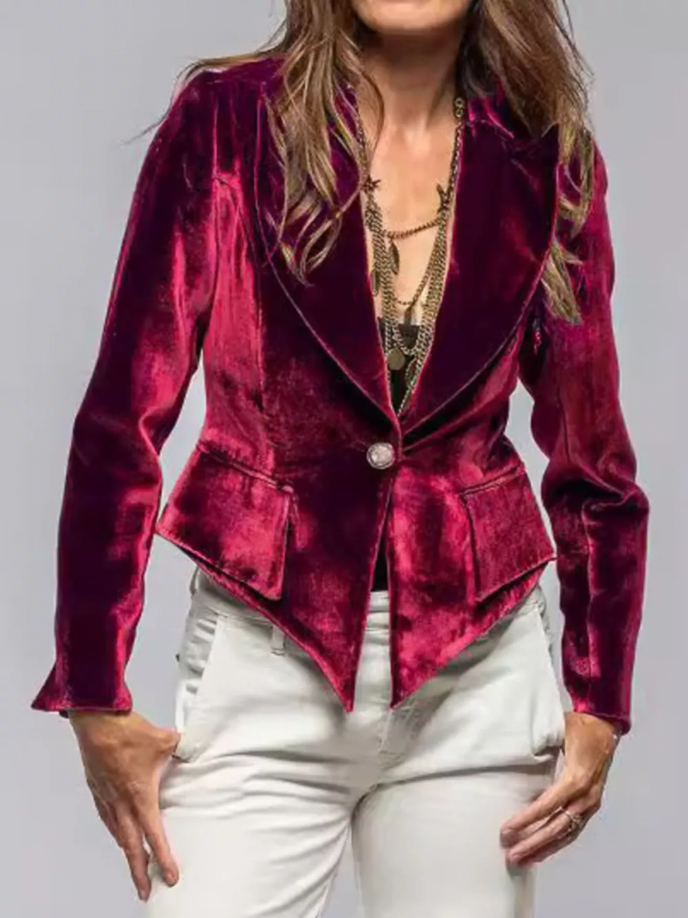 Velvet Lapel Collar One Button Blazer, image 16