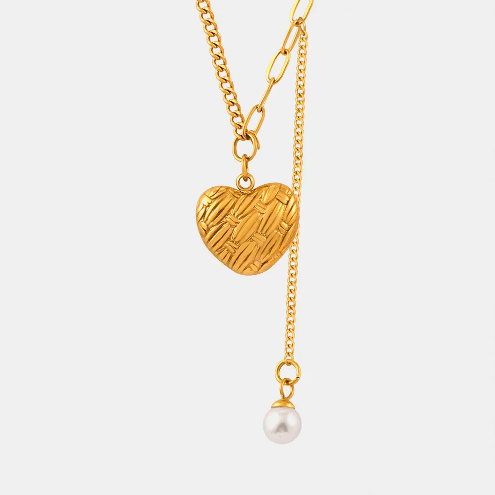 Titanium Steel Imitation Pearl Heart Pendant Necklace, image 5