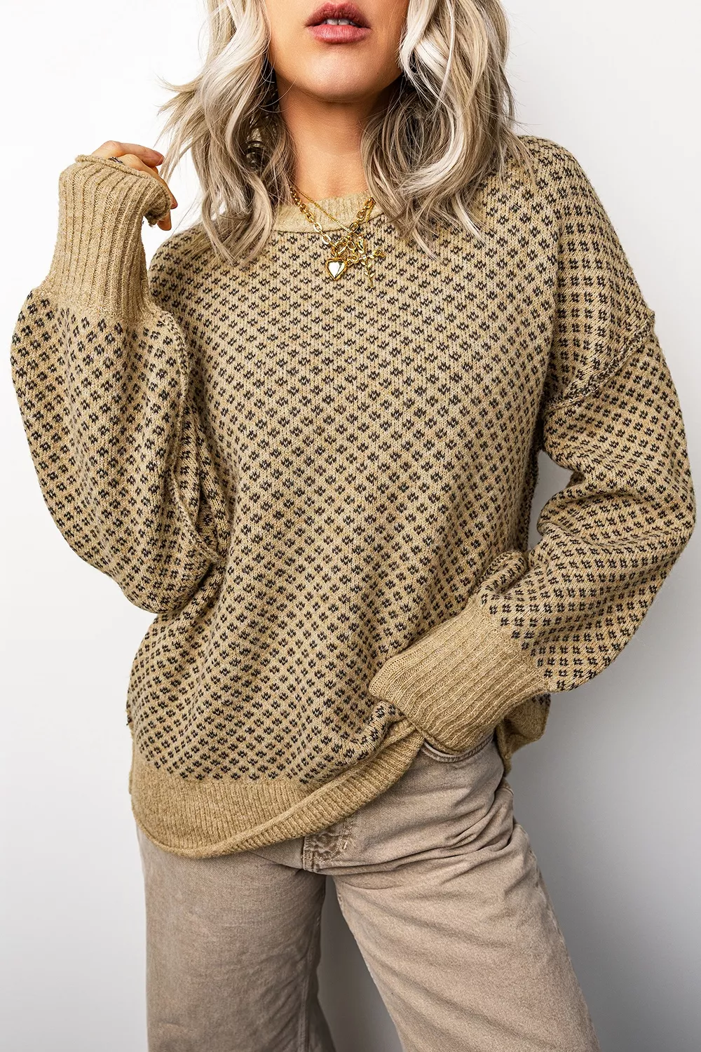 Geometric Print Drop Shoulder Round Neck Long Sleeve Sweater, image 2
