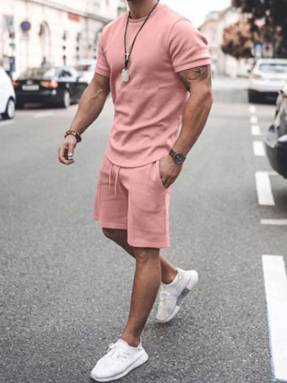 Men's Plus Size Round Neck Short Sleeve Top and Shorts Set, image 7