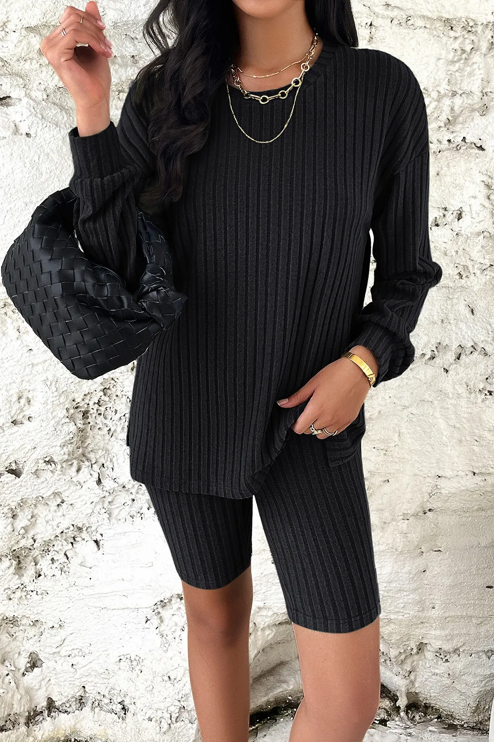Ribbed Round Neck Dropped Shoulder Top and Shorts Set, image 3