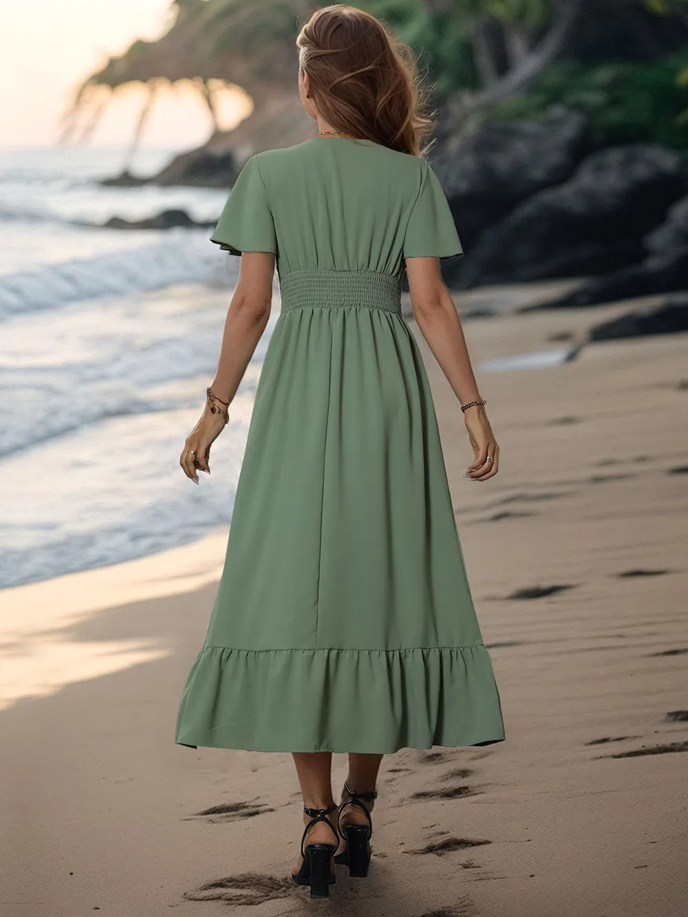 Surplice Flutter Sleeve Midi Dress, image 4