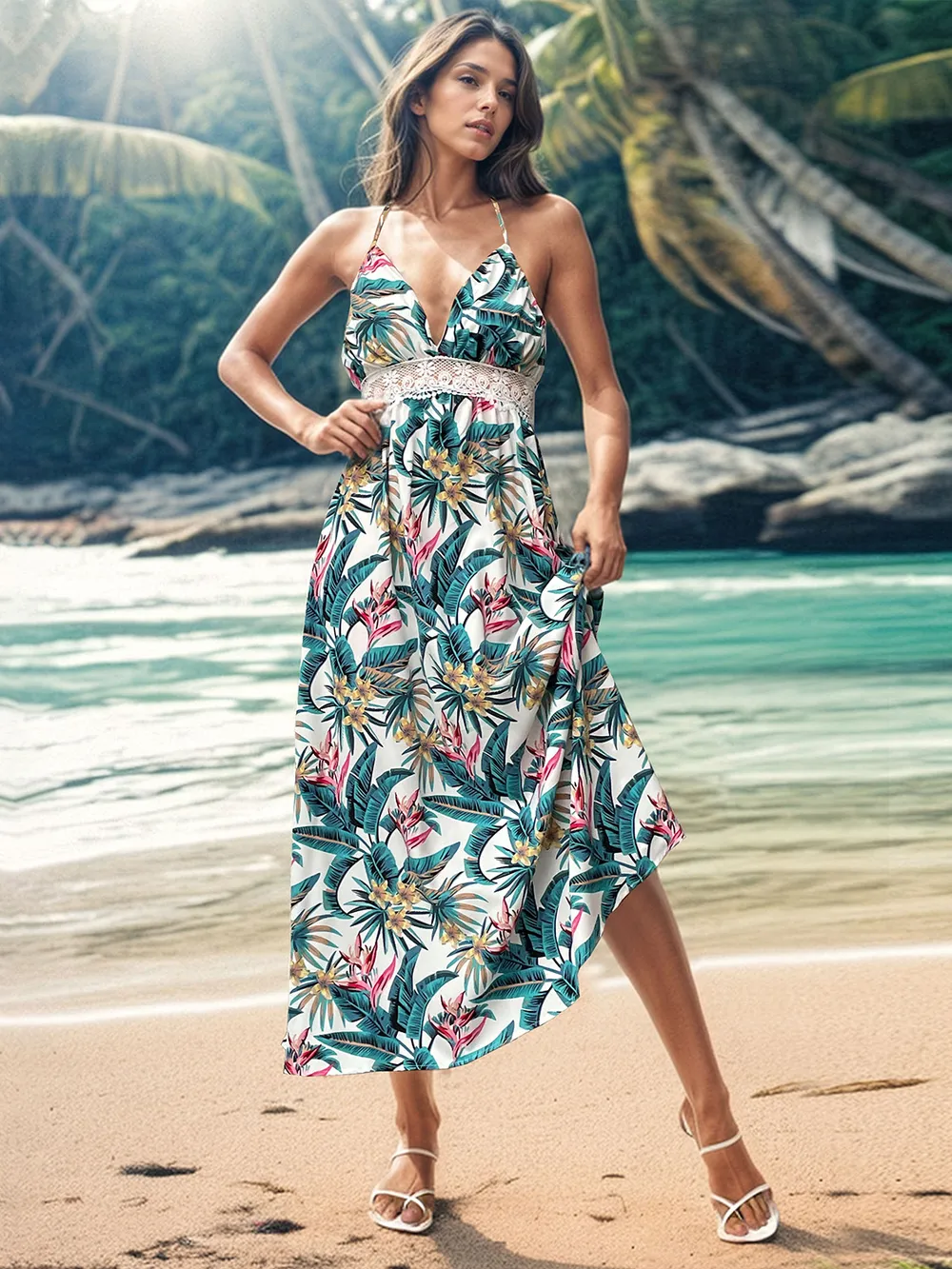 Lace Detail Printed Halter Neck Midi Cami Dress, image 5