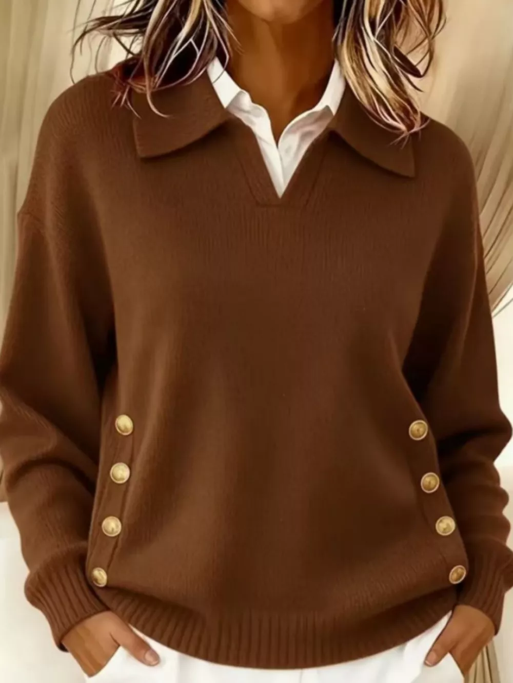 Full Size Decorative Button Dropped Shoulder Sweater Plus Size, image 14