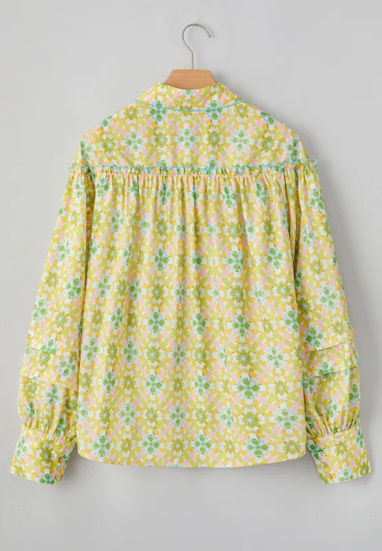 Frill Printed Collared Neck Long Sleeve Blouse, image 4