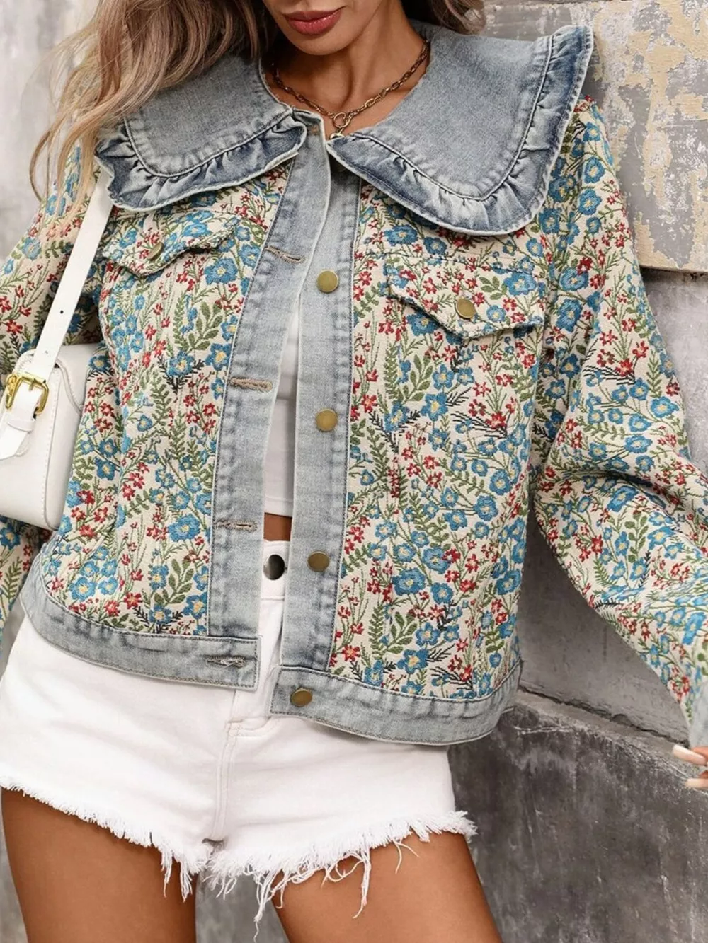 Floral Ruffle Collar Denim Jacket, image 3