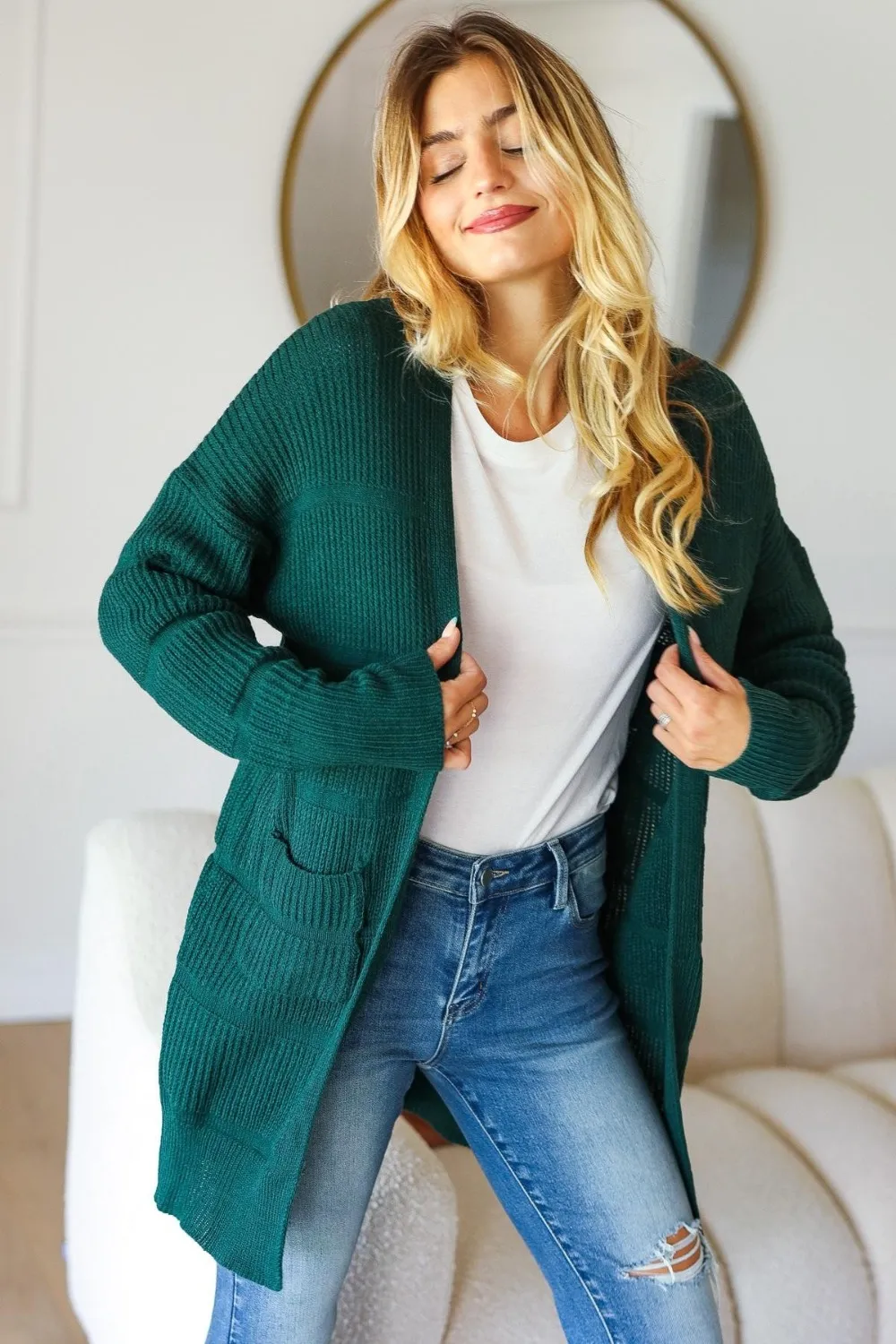 Stripe Textured Open Front Cardigan with Pockets, image 3