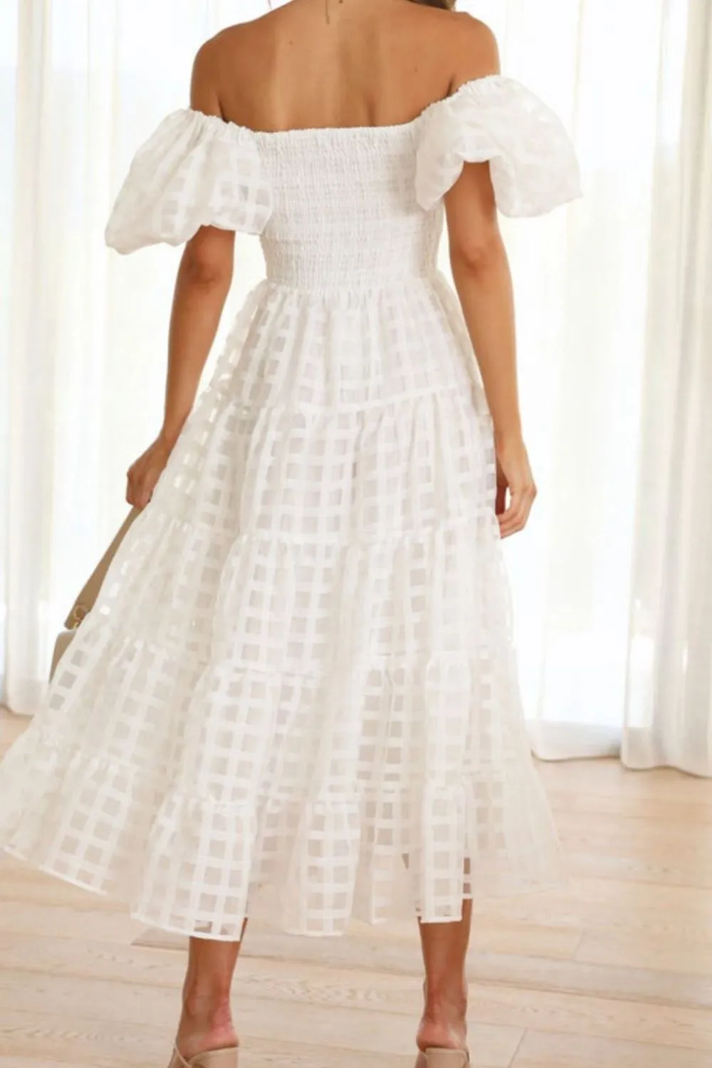 Off Shoulder Short Puff Sleeve Midi Dress, image 27