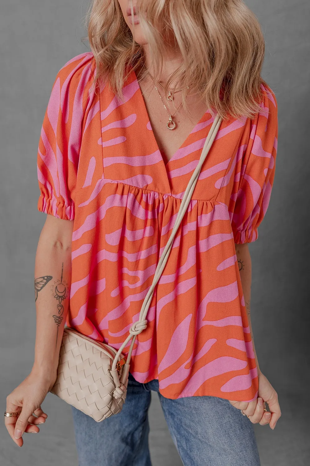 Zebra Stripe Print Ruched Cuff Half Sleeve V Neck Blouse, image 12