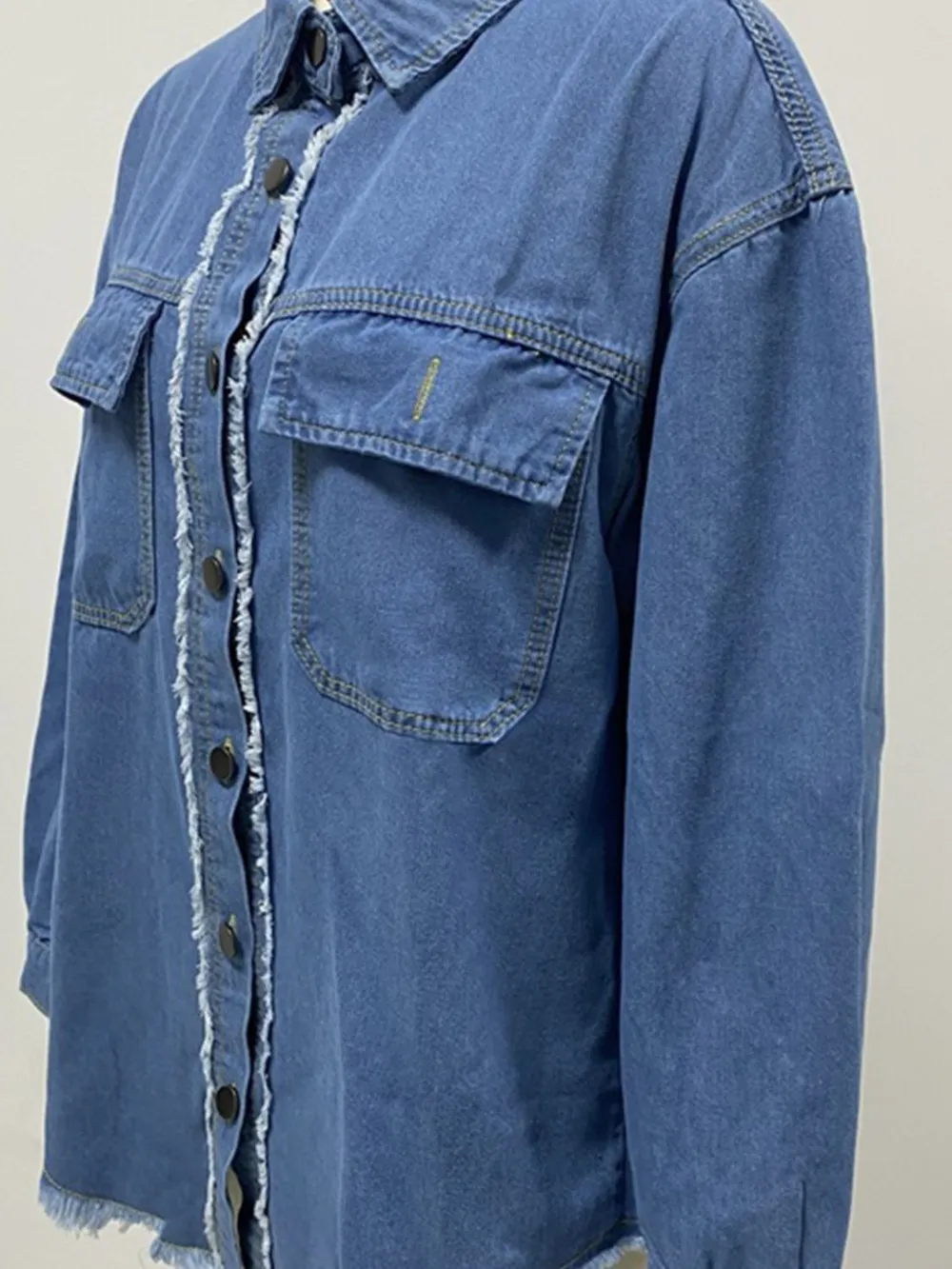 Pocketed Collared Neck Long Sleeve Denim Shirt, image 6