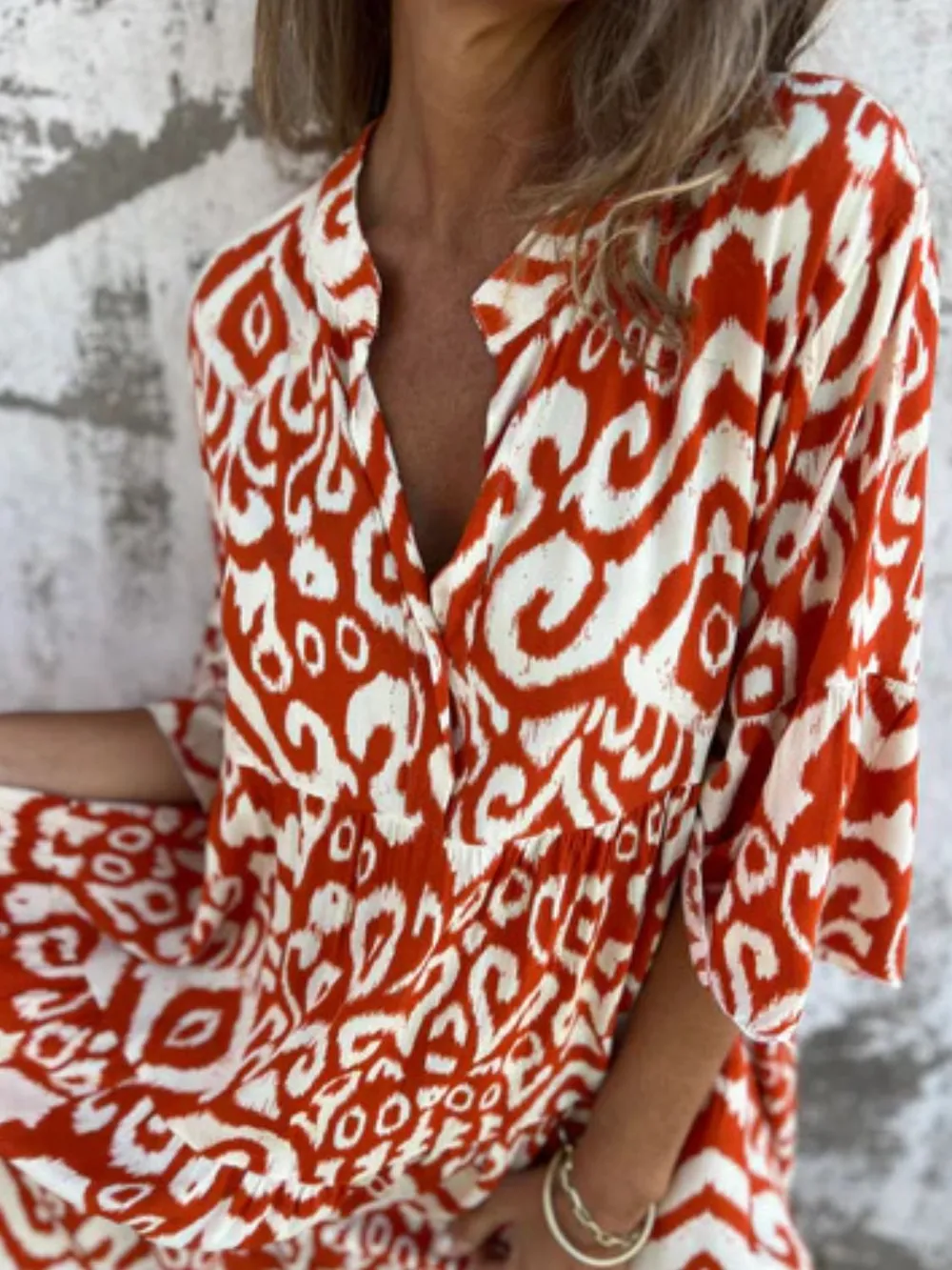 Full Size Printed Notched Half Sleeve Dress Plus Size, image 24