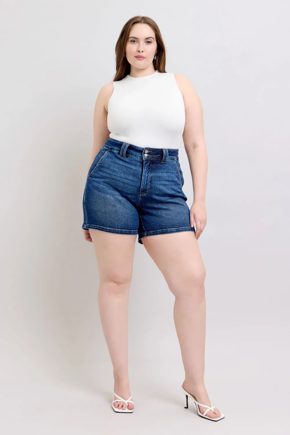 Full Size Double Button Waistband Denim Shorts Plus Size, image 14
