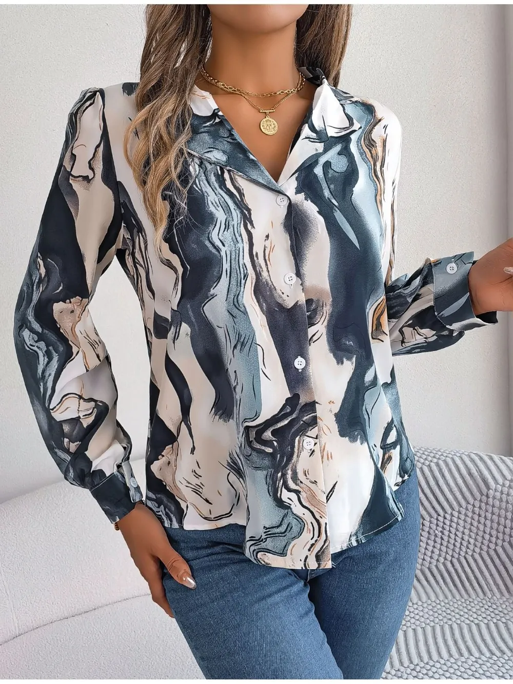 Printed Button Up Long Sleeve Shirt, image 6