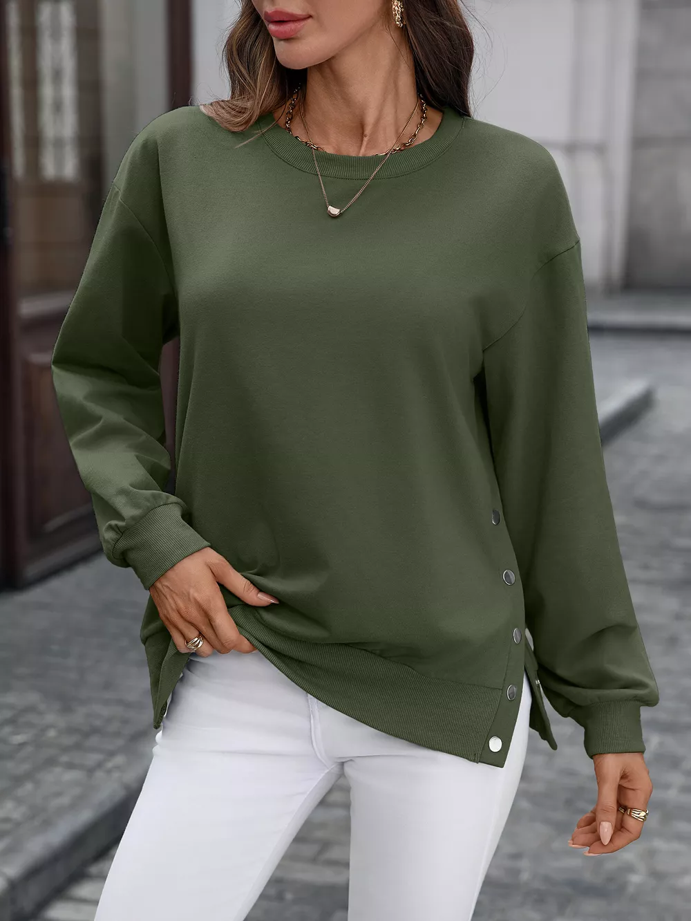 Side Snap Round Neck Sweatshirt, image 22