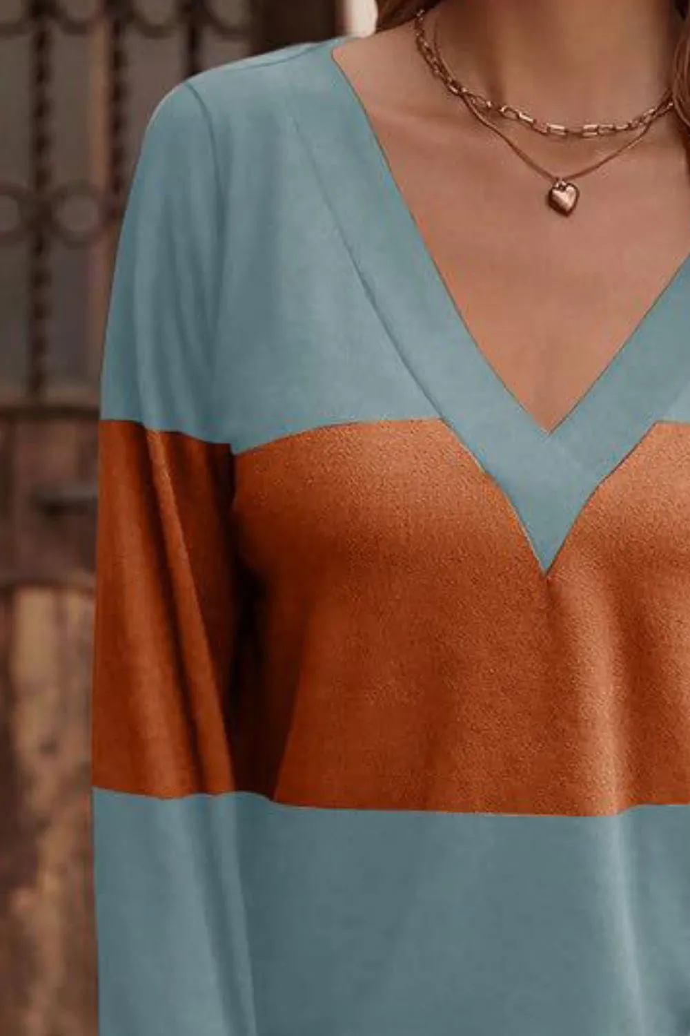 Decorative Button Contrast V-Neck Long Sleeve T-Shirt, image 14