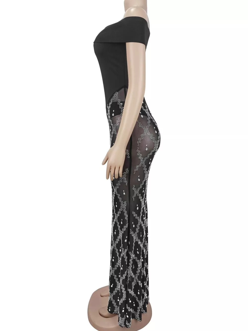 Off-Shoulder Sheer Rhinestone Embellished Maxi Dress, image 10