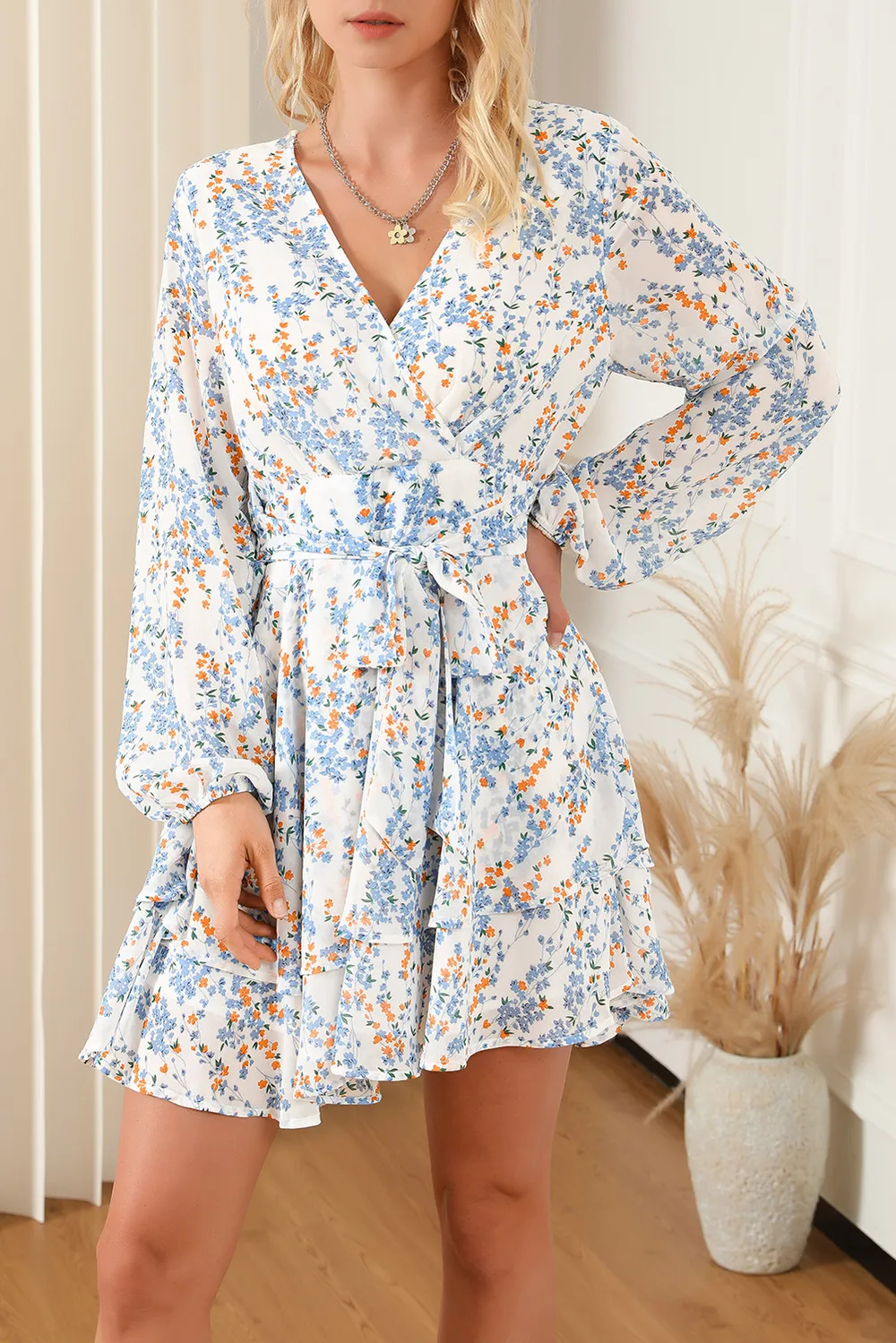 Printed Surplice Balloon Sleeve Mini Dress, image 10
