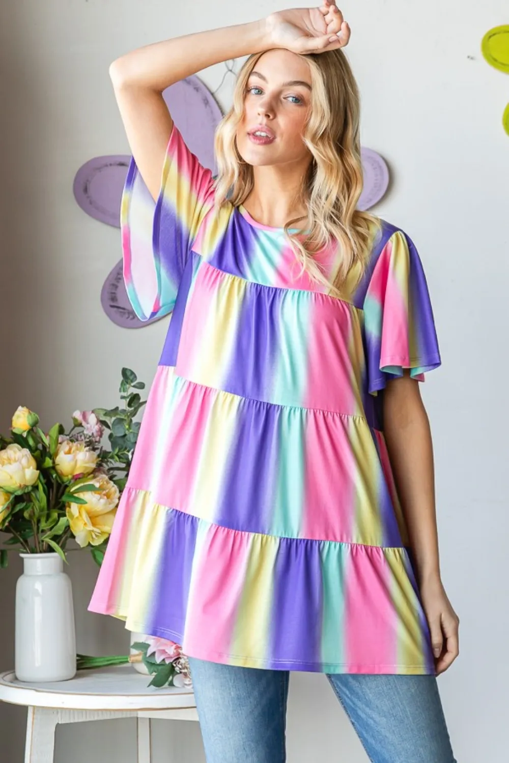 Full Size Short Sleeve Striped Tiered Top