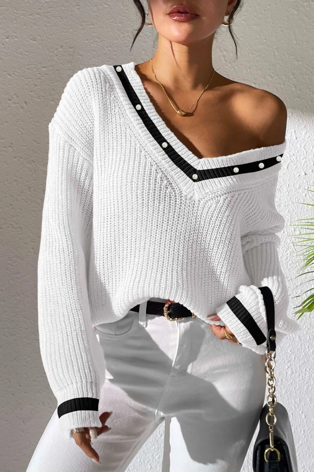 Contrast Trim V-Neck Long Sleeve Sweater, image 8
