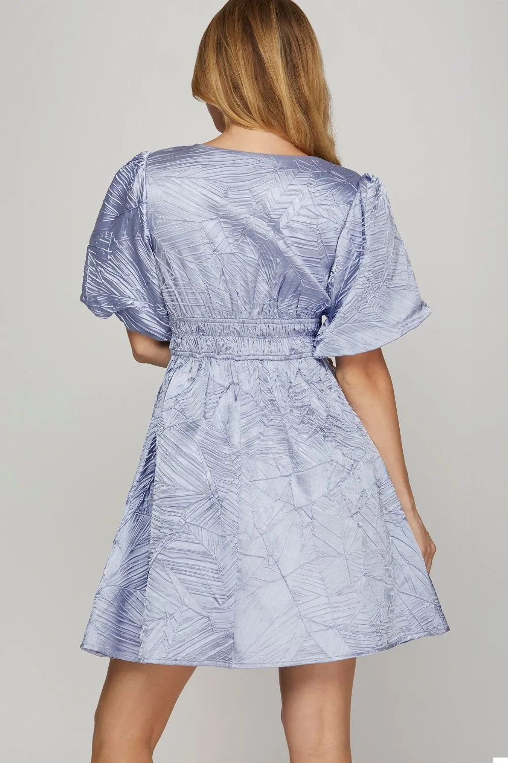 Crinkle Woven V-Neck Balloon Sleeve Mini Dress, image 2
