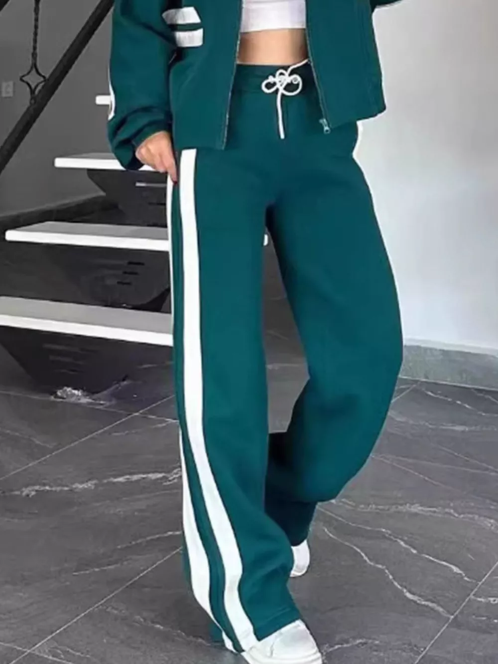 Full Size Contrast Stripe Zip Up Jacket and Pants Set Plus Size, image 8