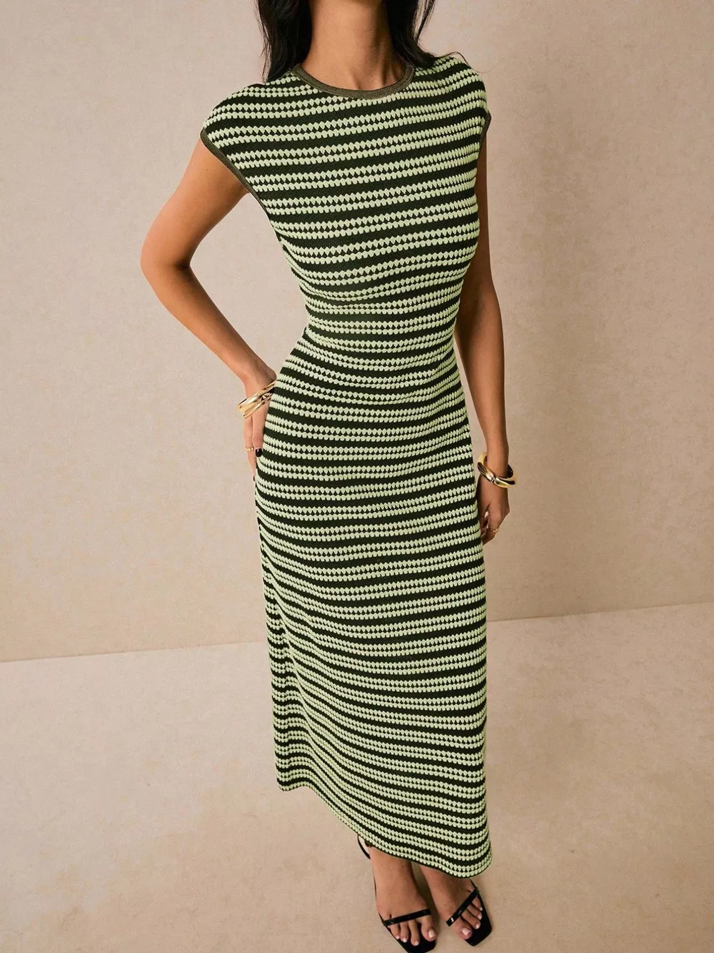 Striped Cap Sleeve Bodycon Midi Dress, image 22