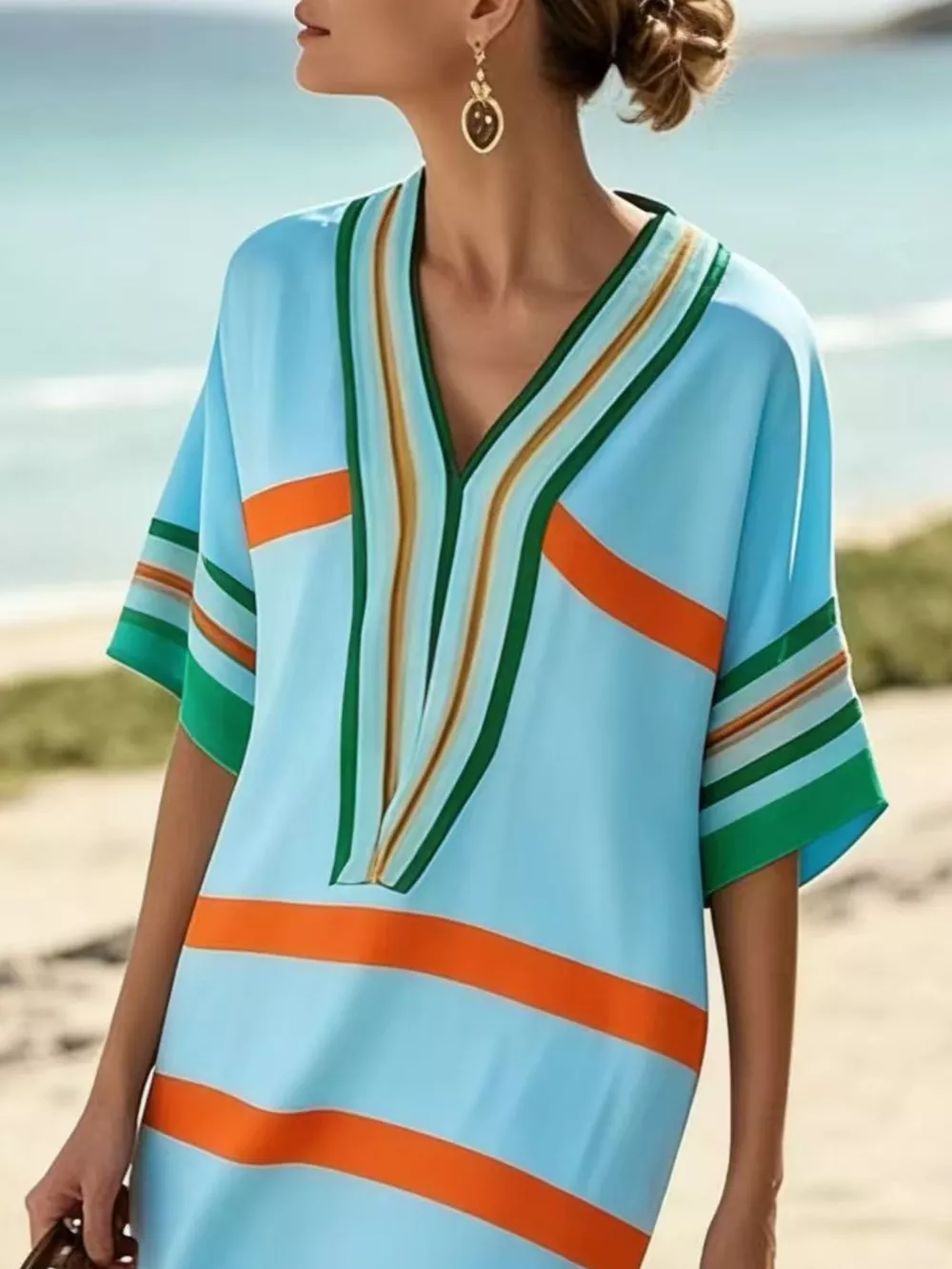 Full Size Striped Half Sleeve Midi Dress Plus Size, image 6