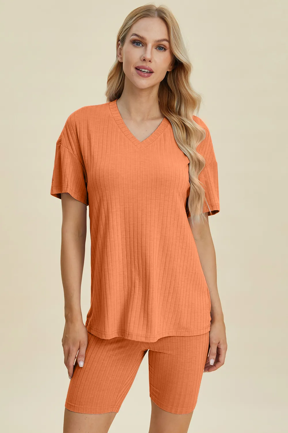 Full Size Ribbed V-Neck Short Sleeve Top and Shorts Set, image 29