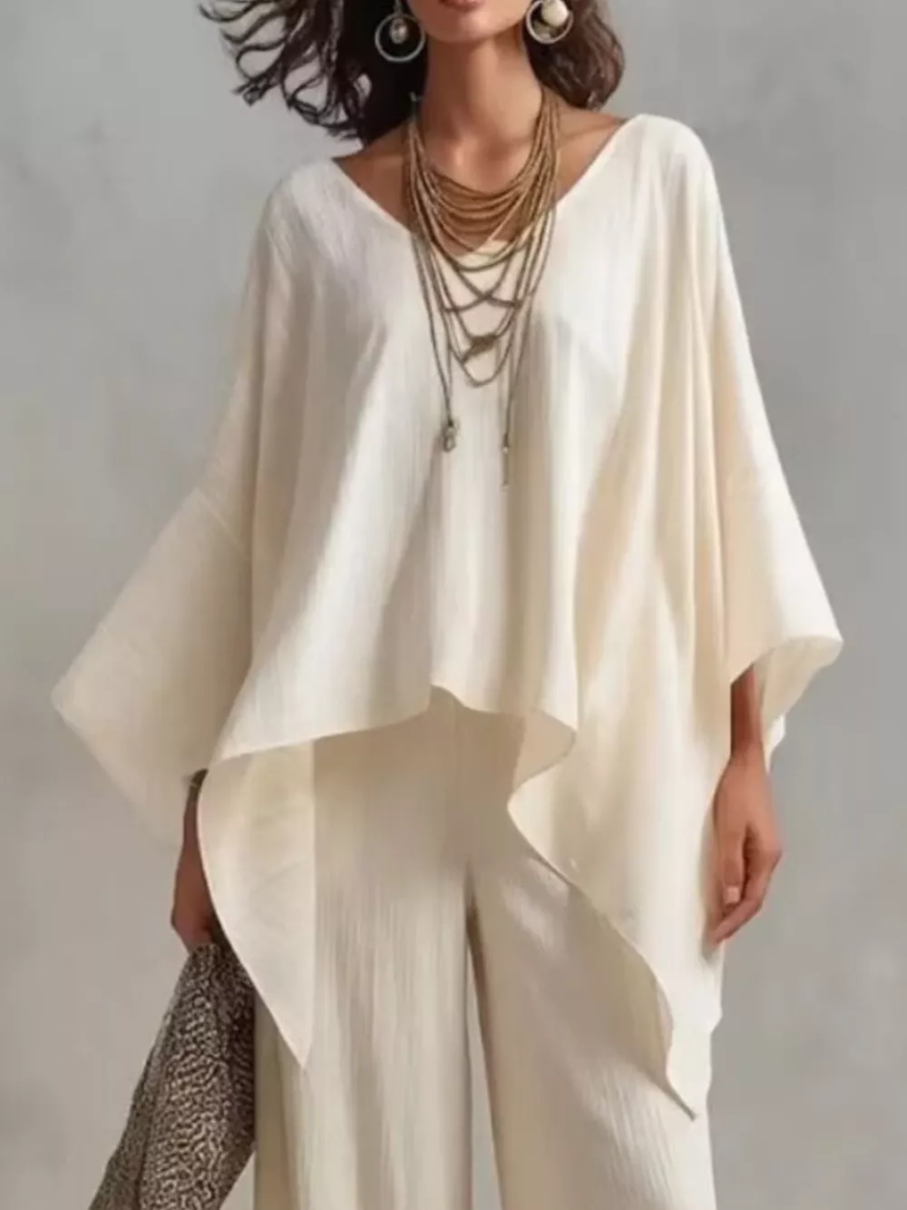 Full Size V-Neck Batwing Sleeve Top and Wide-Leg Pants Two-Piece Set Plus Size, image 2