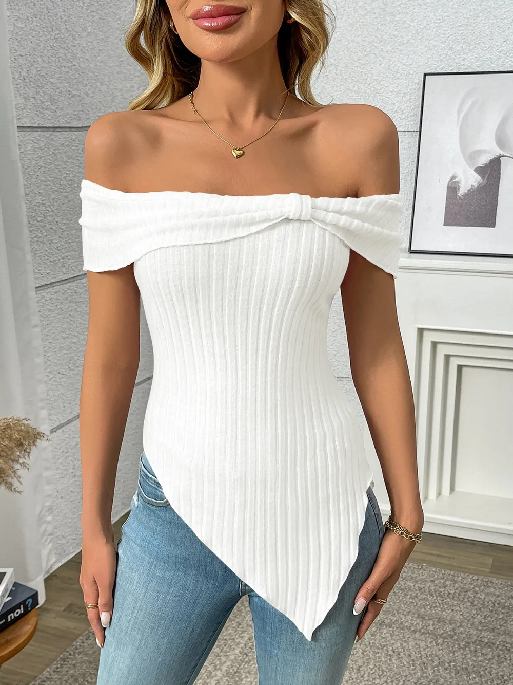 Ribbed Off-Shoulder Asymmetrical Hem T-Shirt, image 19