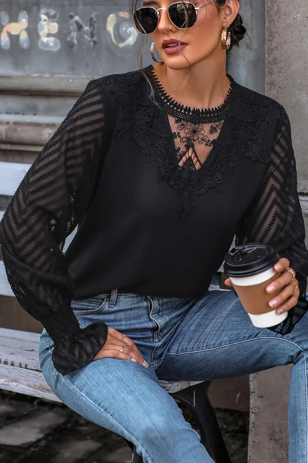 Lace Detail Smocked Flounce Sleeve Blouse, image 6