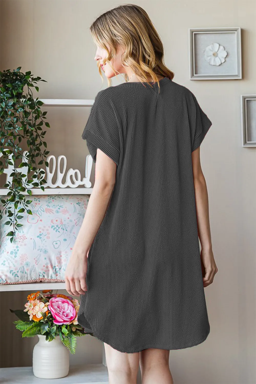 Full Size Ribbed Round Neck Short Sleeve Tee Dress, image 3