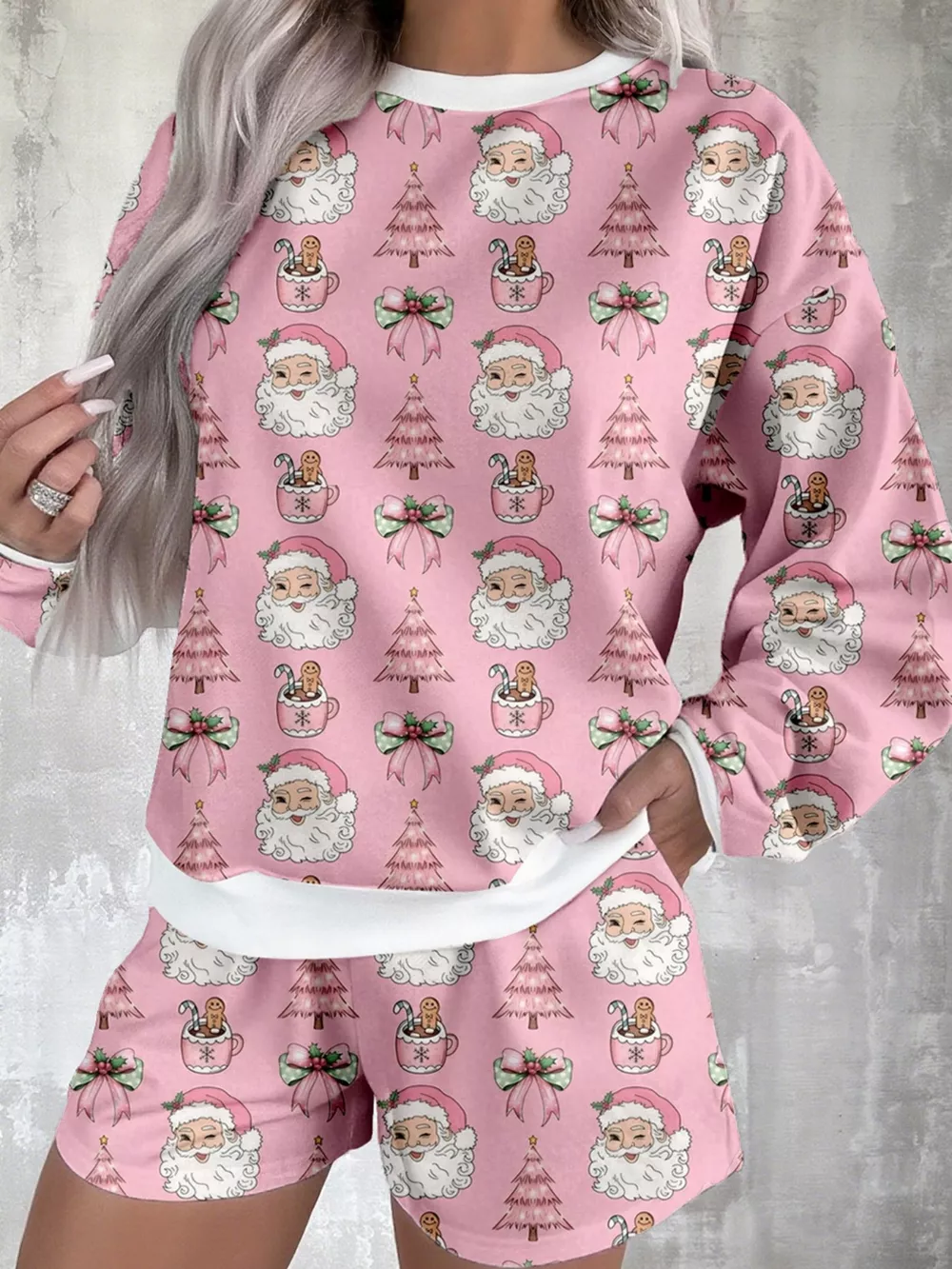 Christmas Santa Print Round Neck Top and Shorts Lounge Set, image 4