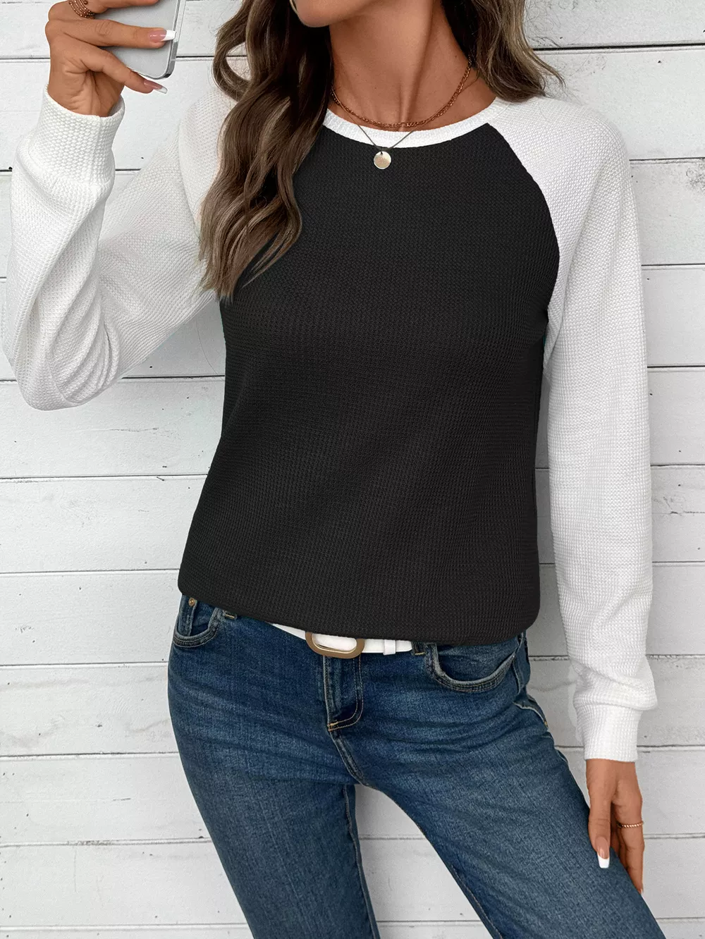 Contrast Raglan Sleeve Waffle Knit T-Shirt, image 5