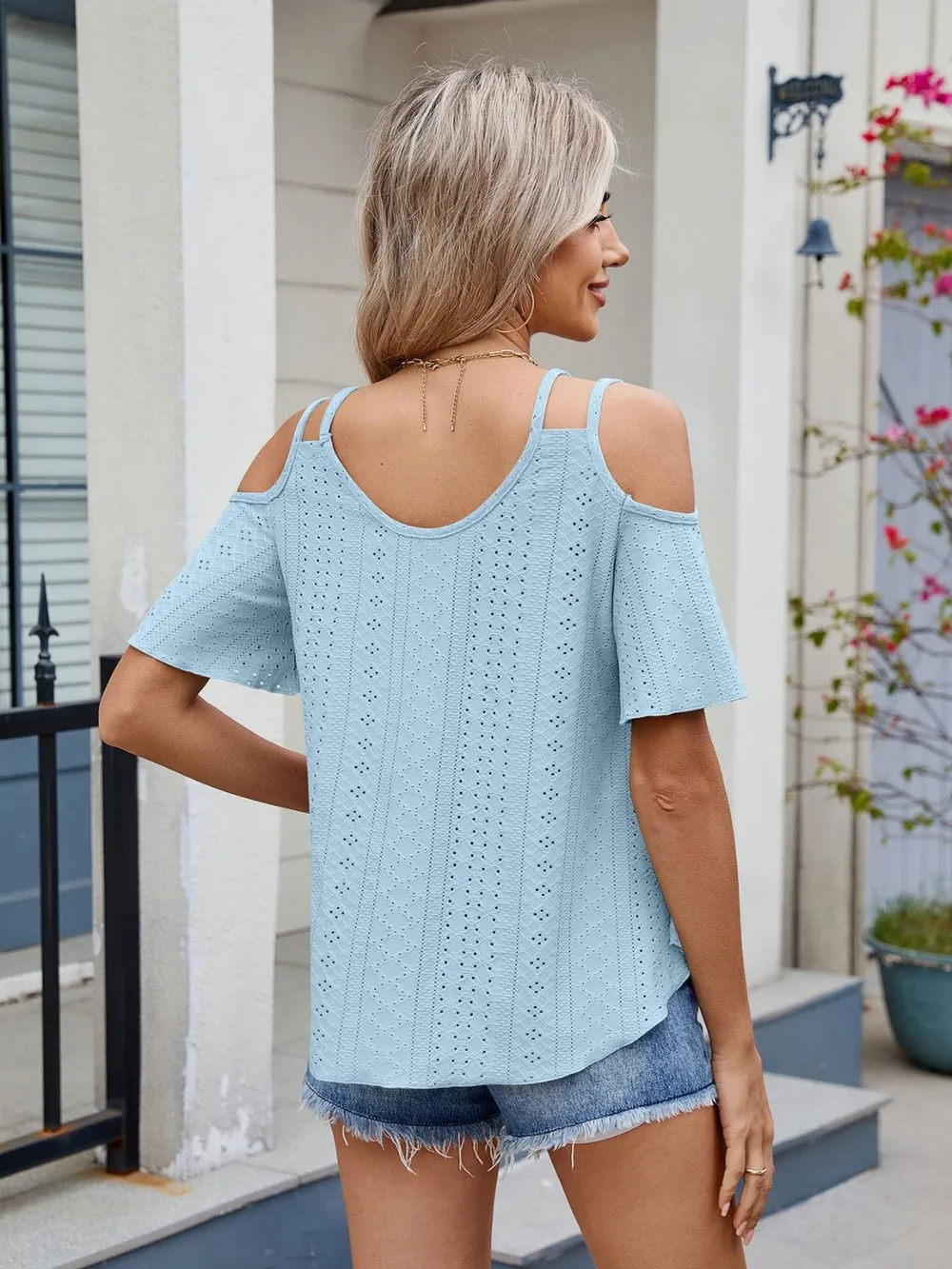 Round Neck Cold Shoulder Eyelet T-Shirt, image 20