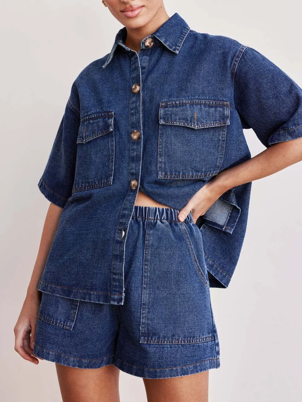 Button Up Short Sleeve Top and Shorts Denim Set, image 9