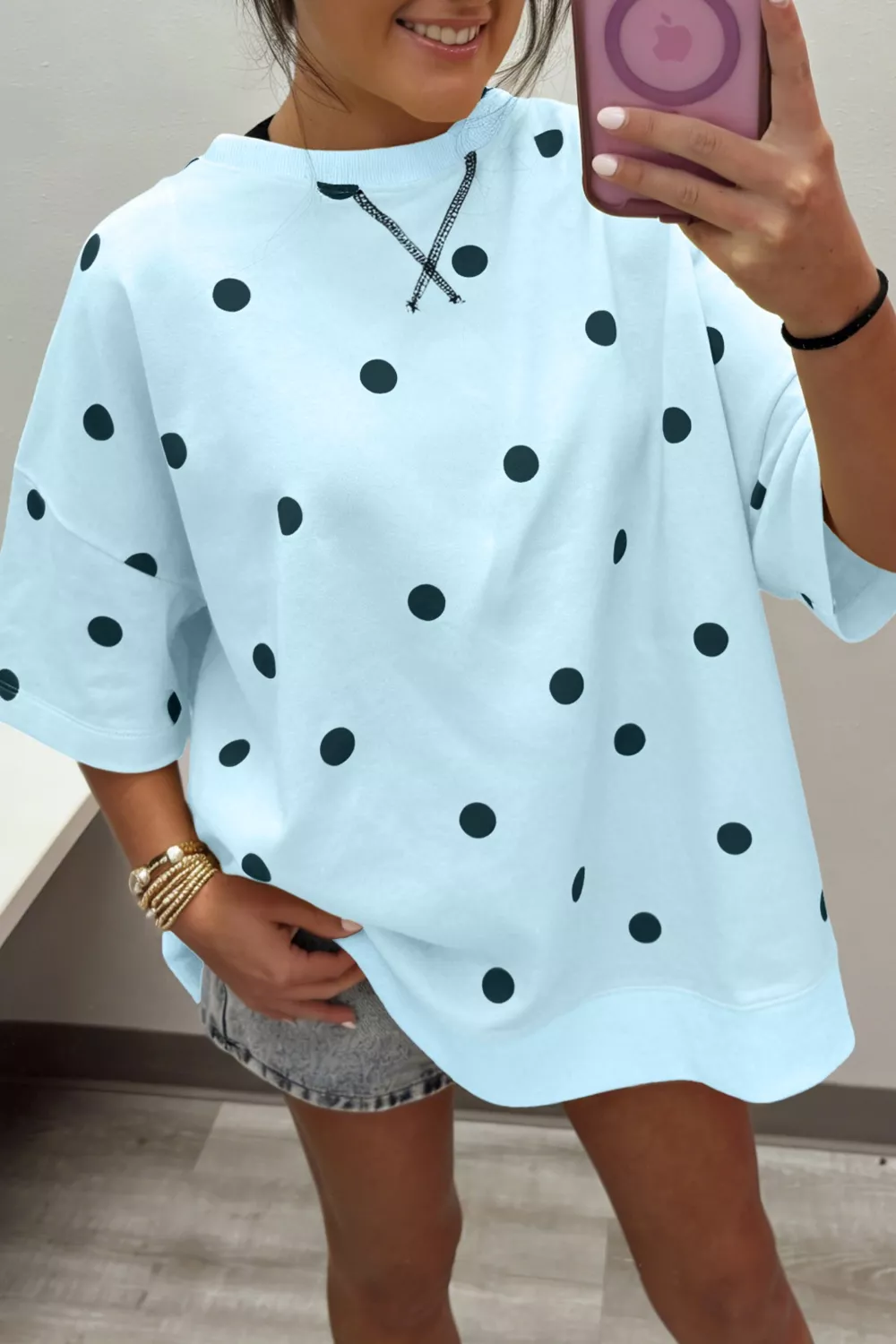 Polka Dot Print Crossed Seam Detail Oversize Tee, image 3