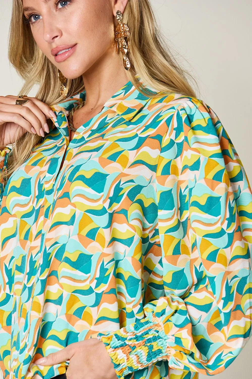 Full Size Printed Smocked Long Sleeve Blouse, image 10