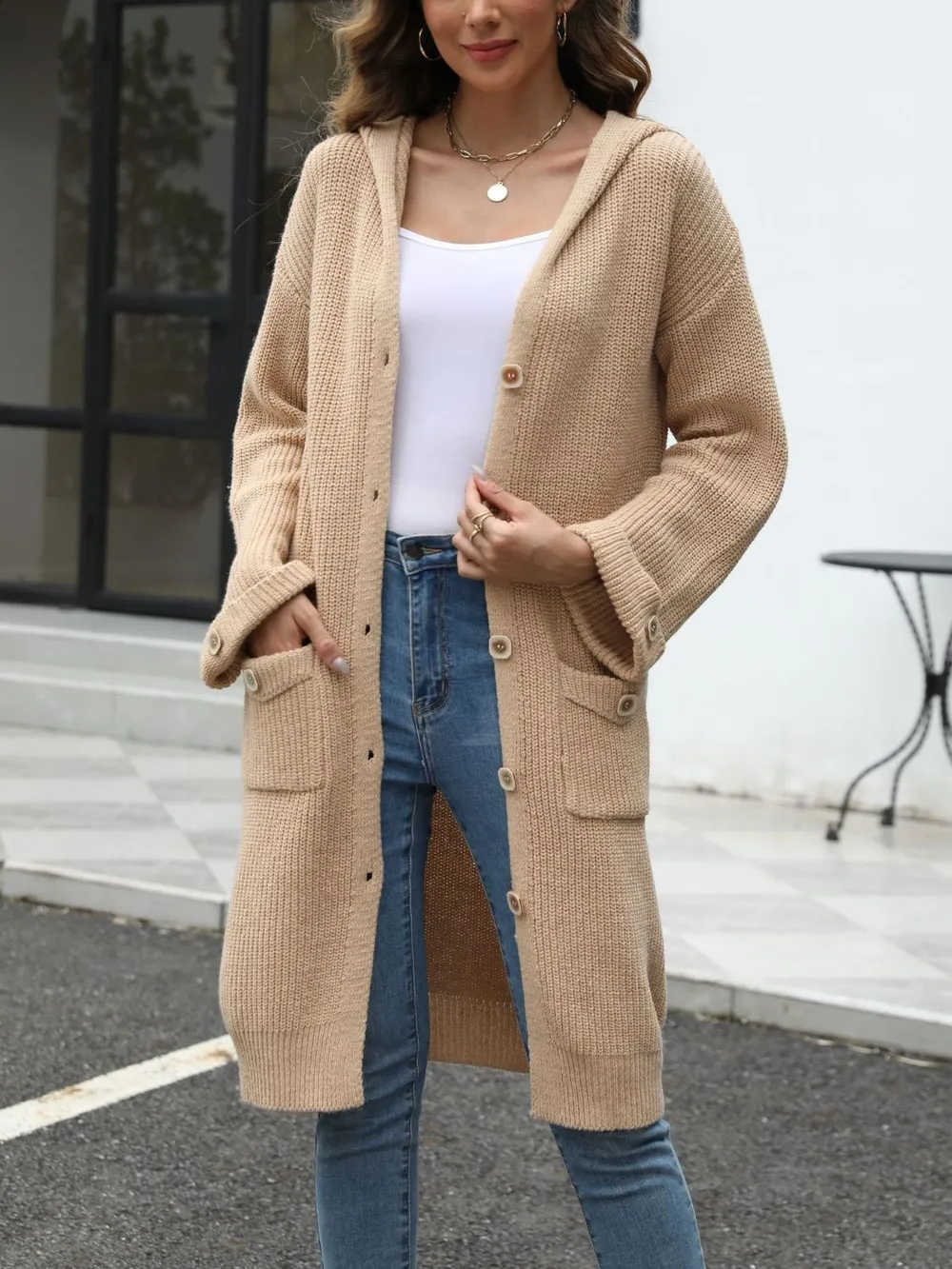 Pocketed Button Up Long Sleeve Hooded Cardigan, image 6