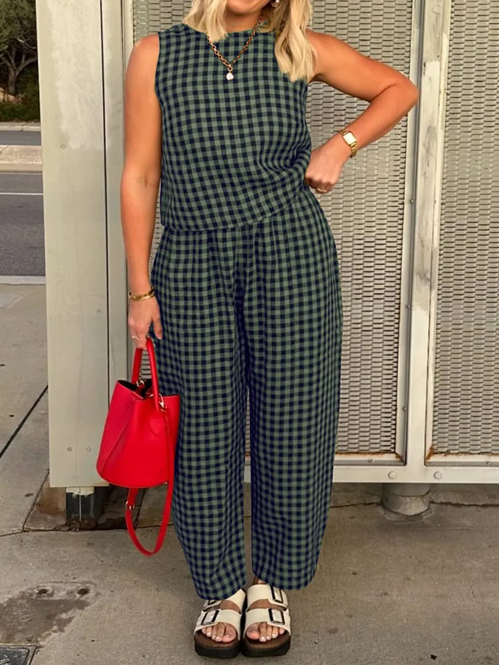 Plaid Round Neck Sleeveless Top and Pants Set, image 16