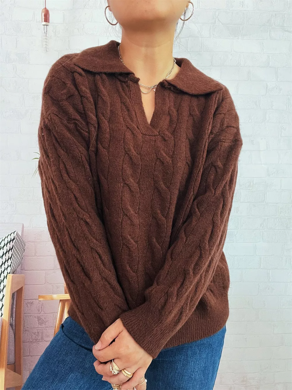 Cable Knit Johnny Collar Sweater