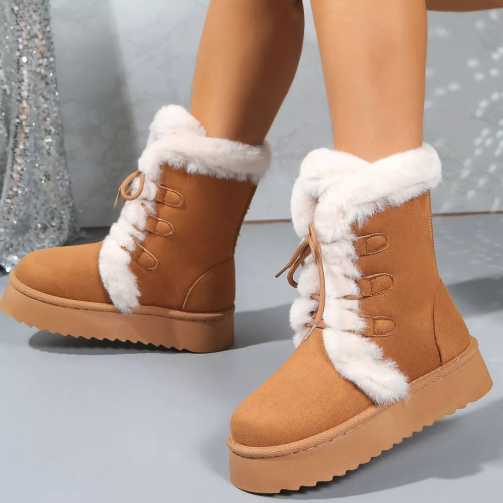 Fuzzy Trim Lace-Up Platform Boots, image 5