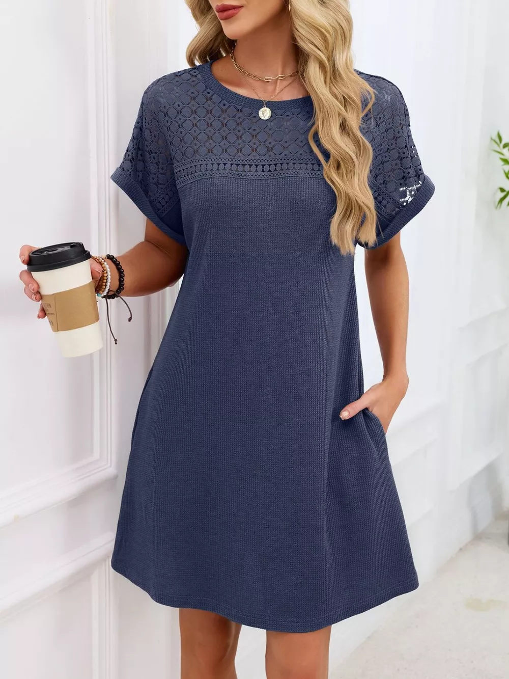 Lace Round Neck Short Sleeve T-Shirt Dress, image 26