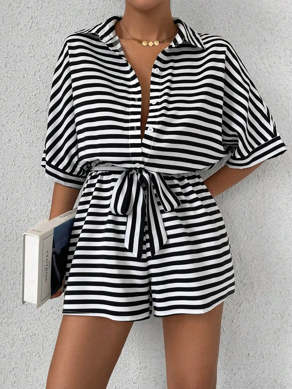 Tie Waist Half Button Striped Romper
