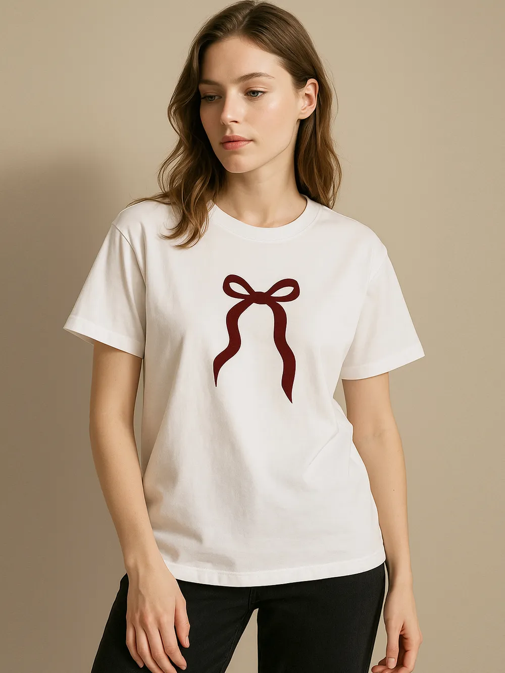 Plus Size Bow Round Neck Short Sleeve T-Shirt, image 2